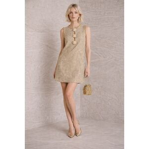 NWT Self-Portrait Gold Bouclé Embellished Mini Dress Pearl Trim Size US 8 (091)